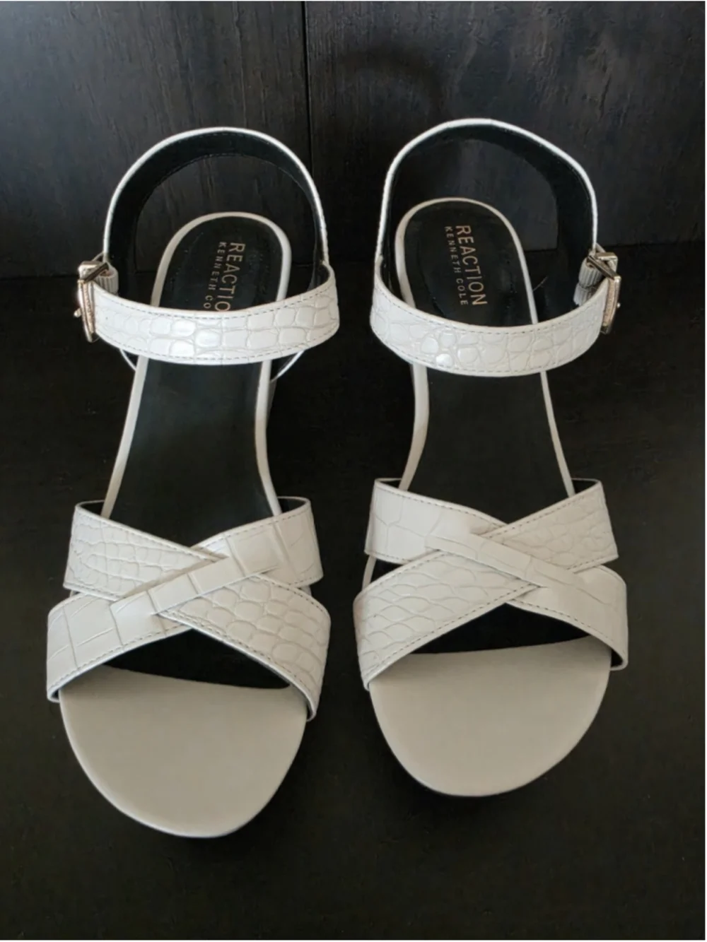 Kenneth Cole Crocodile Embossed Wedge Platform Sandals - 7.5 M Ivory Off White